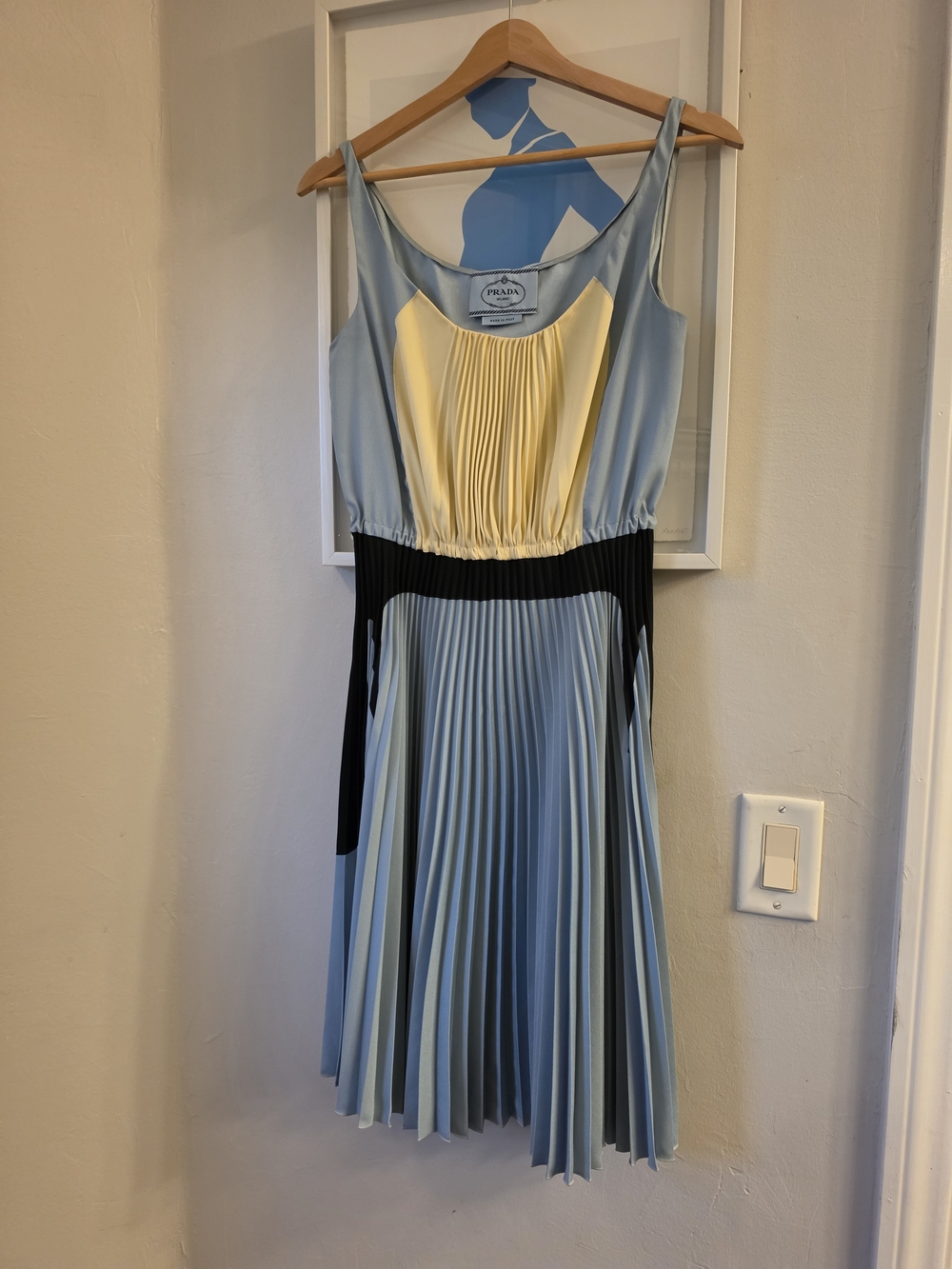 Prada Light Blue, Pale Yellow & Black Pleated Mini Dress
